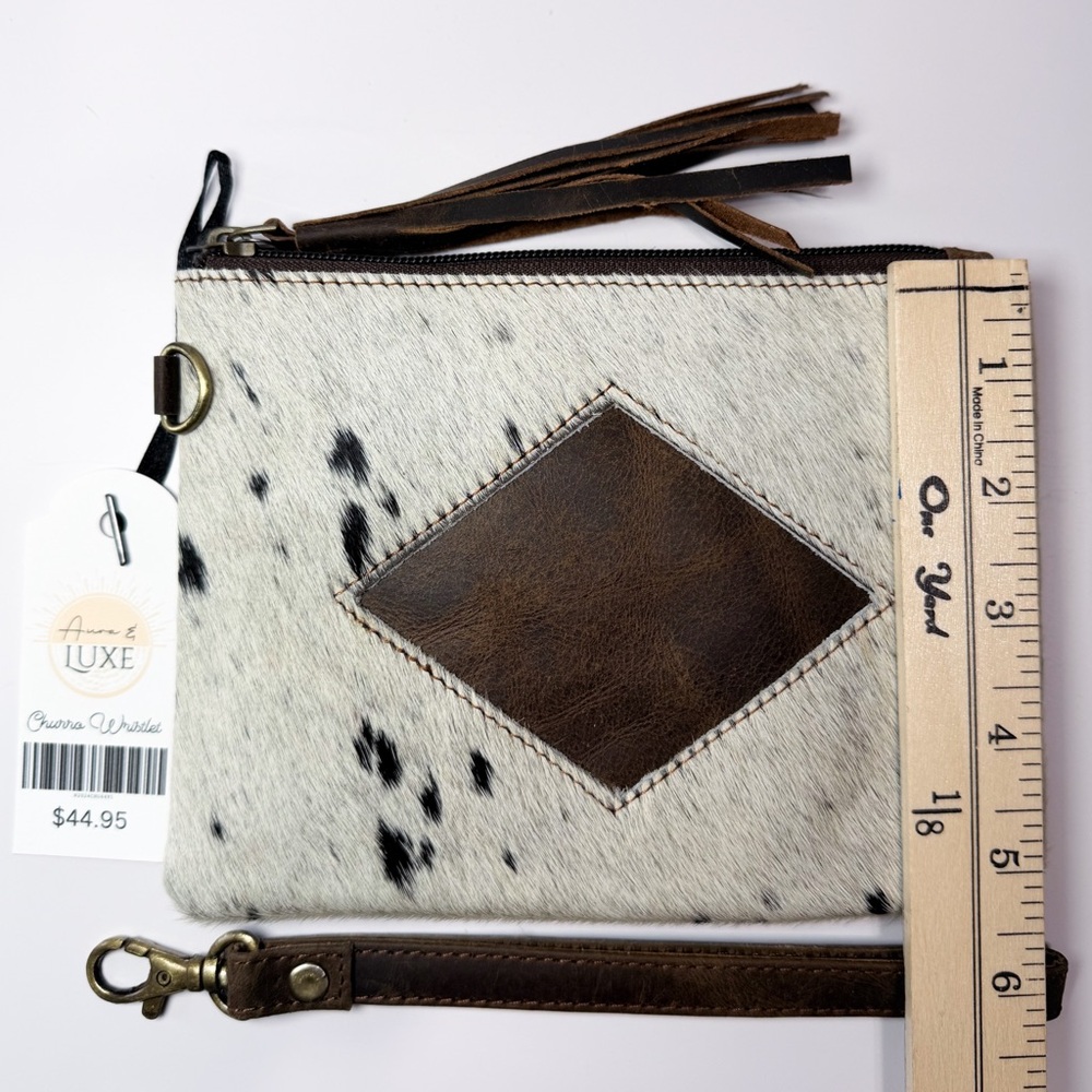 Leather Accent Cowhide Wristlet Clutch - White & Black - Picture 6 of 6